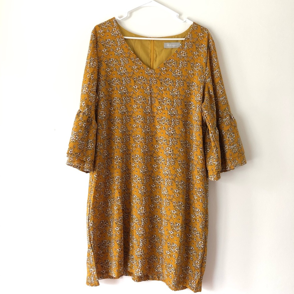 Belongsci Yellow Floral Bell Ruffle Sleeve Dress